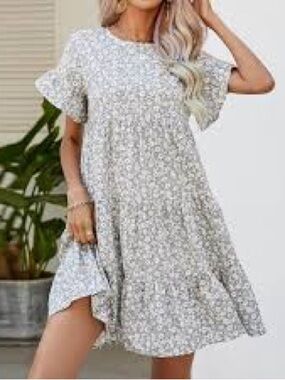 Calesta Smocked Shoulder Floral Mini Dress - Light Gray